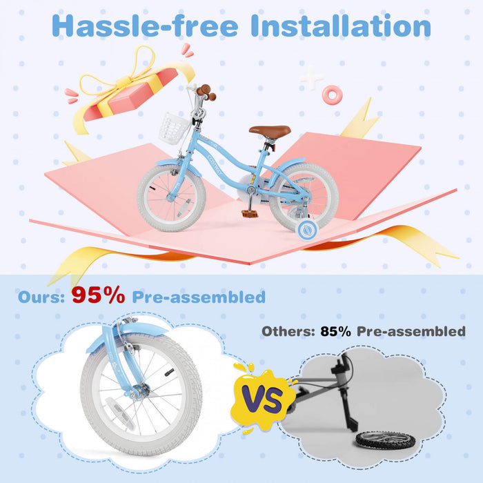 Velo Costway 14\" Pour Enfants Avec Roues D'entrainement Amovibles Et Panier Pour 3-5 Ans Bleu