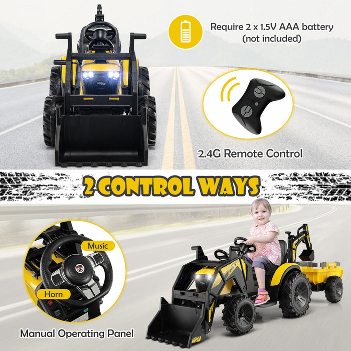 3-en-1 Enfants Montent Sur Bulldozer D'excavateur 12v Tracteur Electrique A Distance W / Remorque Jaune