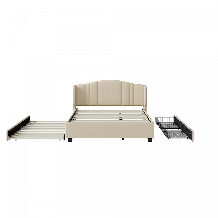 Lit plateforme Jean rembourre avec tete de lit a oreilles et tiroirs de rangement, taille queen, beige