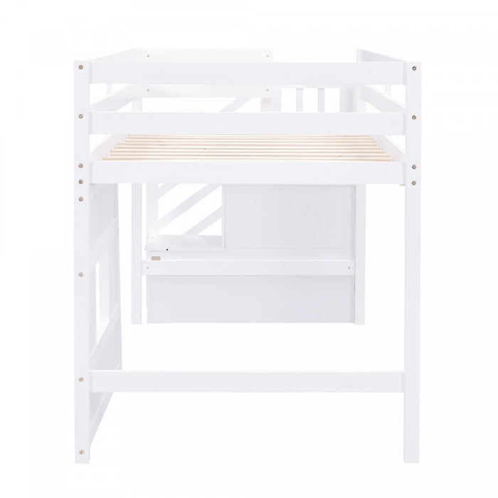 Martin – Lit Mezzanine Simple En Bois Massif Avec Escaliers De Rangement, Fenetre Ludique Et Eclairage Del – Blanc