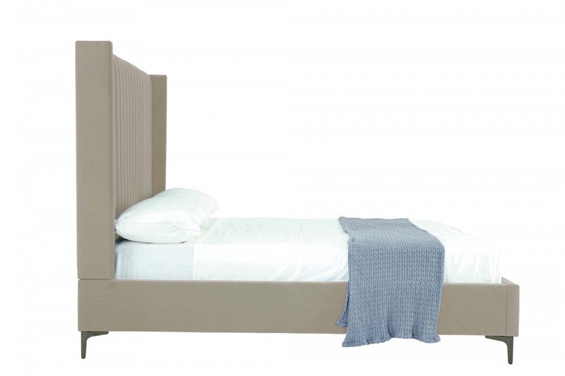 Lit complet Promenade de style mid-century moderne, rembourre en velours, coloris taupe rustique