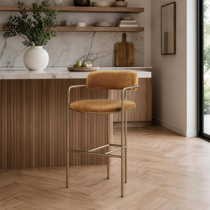 Tabouret de comptoir moderne mi-siecle en metal et tissu, coloris curcuma