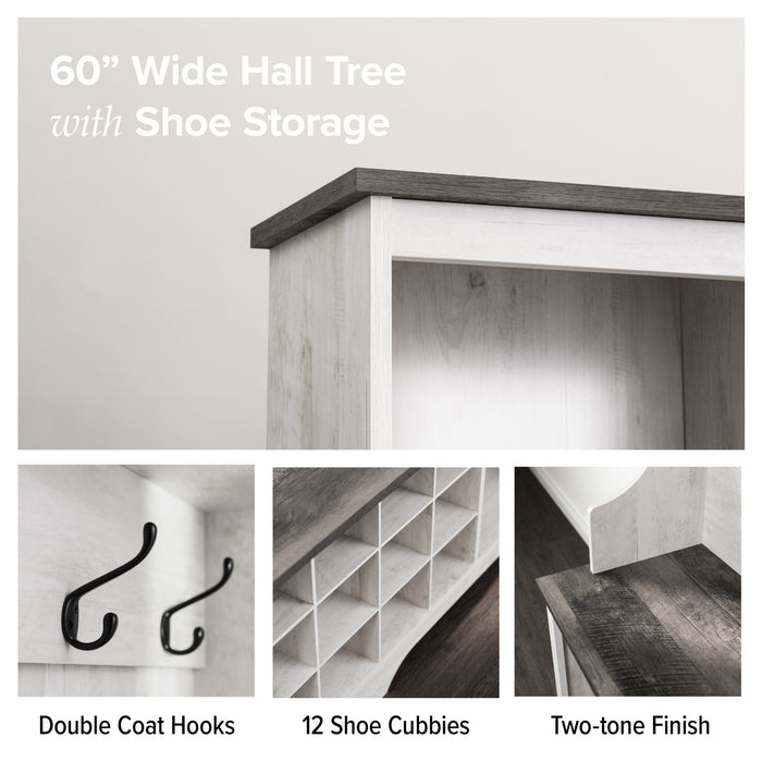 Armoire de rangement Rustic Ridge champêtre pour l’entrée avec compartiments pour chaussures et crochets à manteaux - blanc vieilli