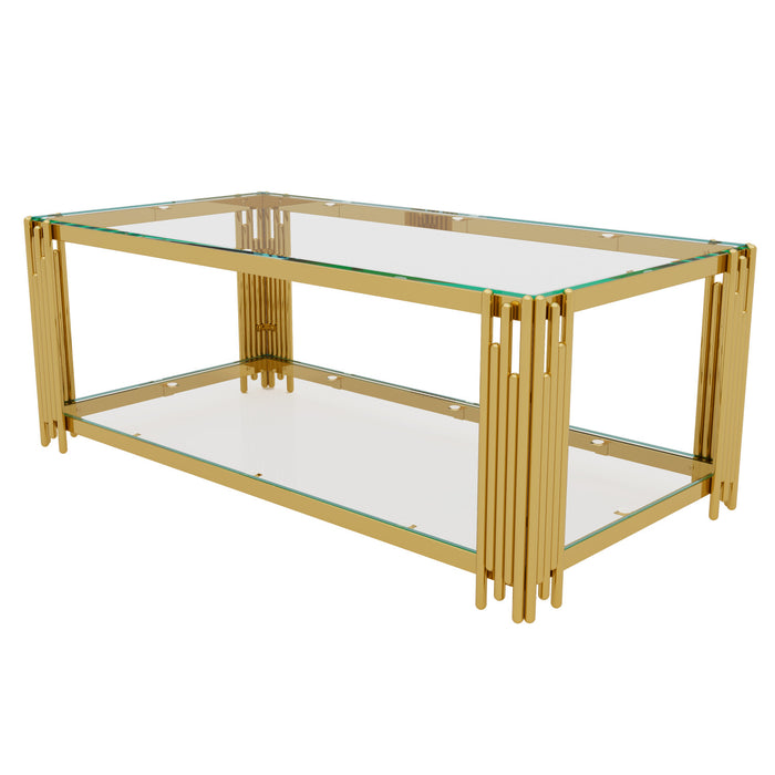 Aria Table Basse Rectangulaire Moderne 47.5 po avec Cadre Asymetrique Dore et Plateau Verre, Transparent