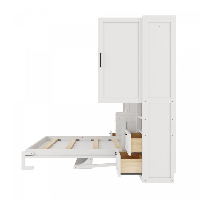 Maria Lit escamotable Murphy avec tiroirs et etageres, Taille Queen, Blanc