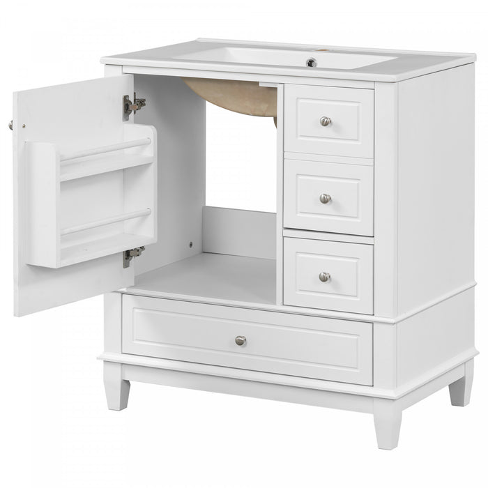 Emma Meuble-lavabo en bois massif de 30\" avec vasque en ceramique et porte a fermeture douce, Blanc