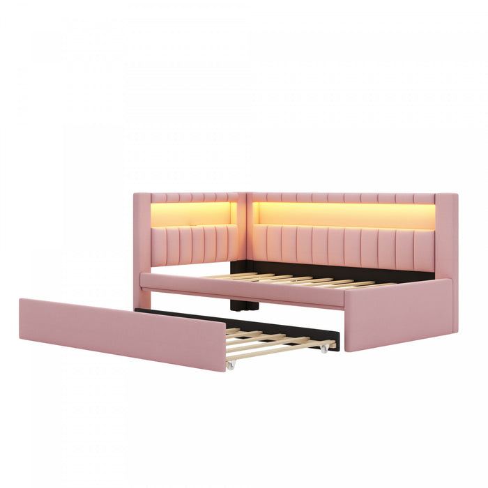 Lit plateforme Lily rembourre avec LED et ports USB, rose