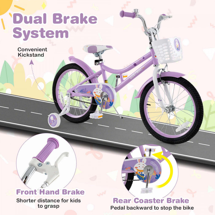 Costway 18\" Velo Fille Avec Panier Roues D'entrainement Amovibles Frein A Main De Siege Reglable Frein De Montagne Violet