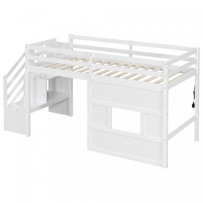 Lit mezzanine moderne Pepys avec escalier de rangement et fenetre, taille simple, blanc