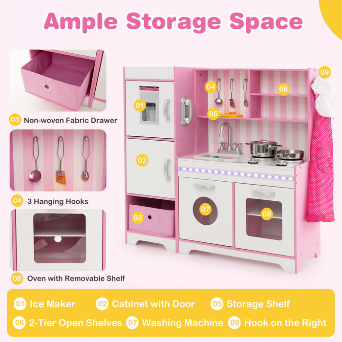 Jouet En Bois Costway Kids Kitchen Playset Avec Lumieres Led Reglables Et Machine A Laver