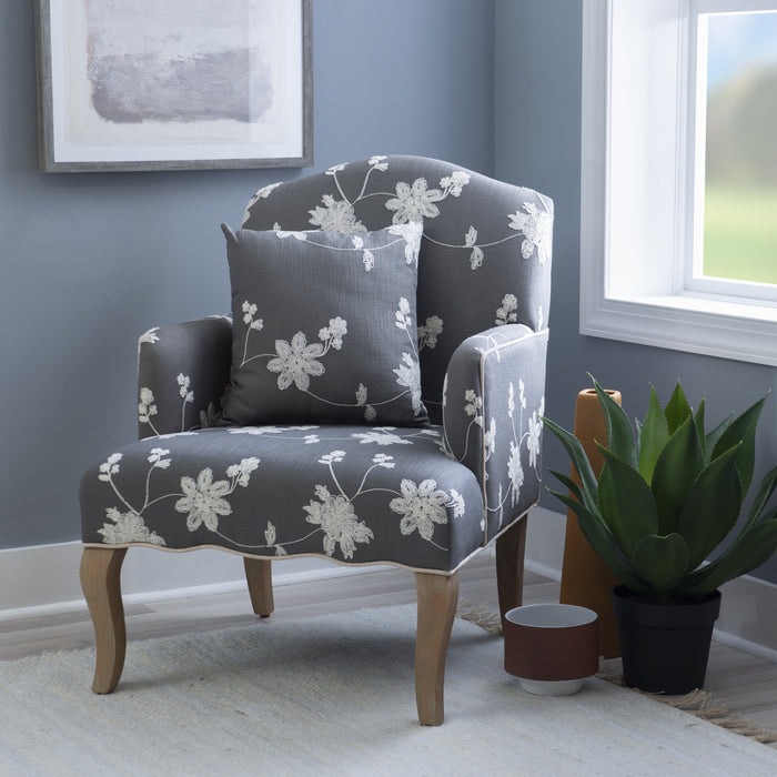 Fauteuil d'appoint Kenna en tissu d'apparence lin orné de broderie florale - gris