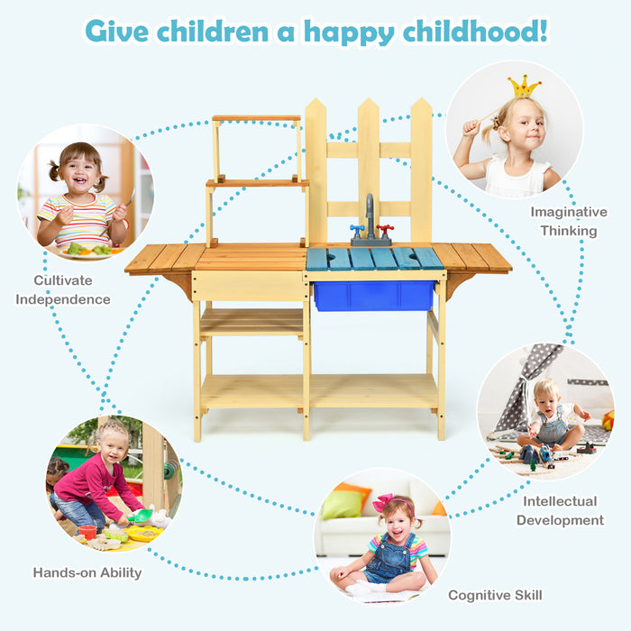 Cuisine Enfants En Bois A L'exterieur, Jeu D'imitation Avec Robinet Et Bassin, Ideal Pour Garcons Filles De Plus De 3 Ans Dans Terrasse, Jardin, Cour, Salon, 109x38x100 Cm