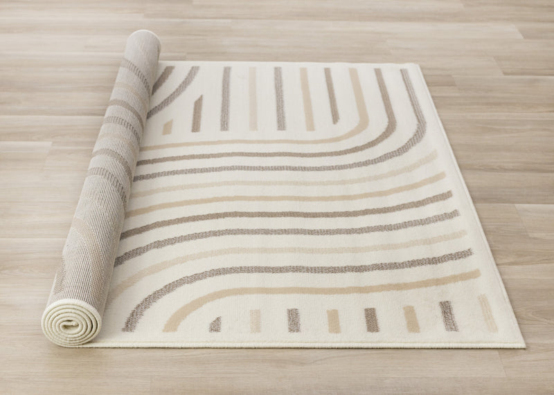 Carpette Forte crème, beige et brune à motif de lignes courbées - 5 pi 3 po x 7 pi 5 po