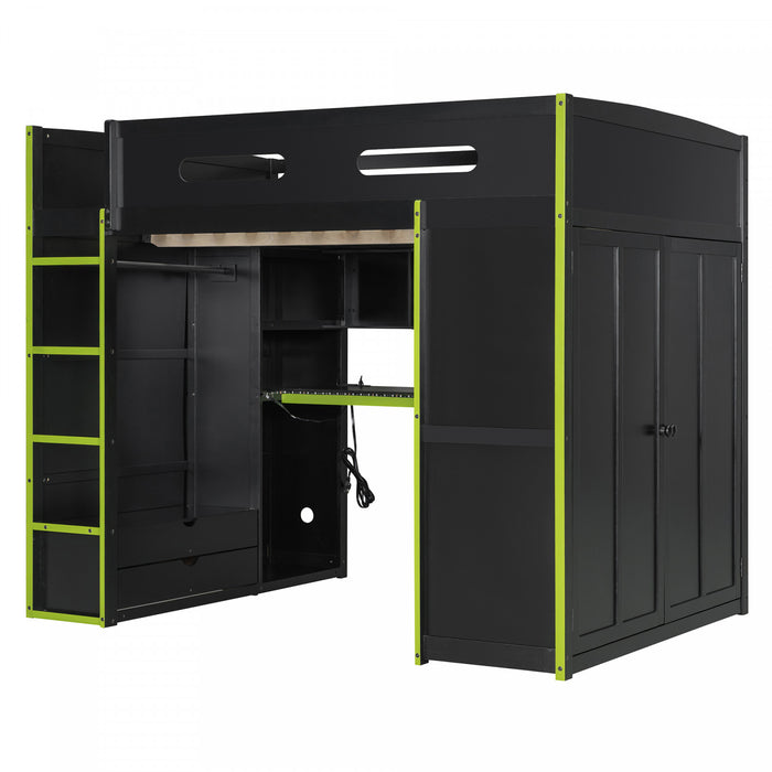 Jerry Lit mezzanine en bois avec bureau et rangement, Taille Double, Vert