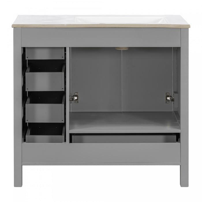 Meuble de salle de bain moderne Derek 36 pouces avec lavabo ceramique et rangement multiple, gris