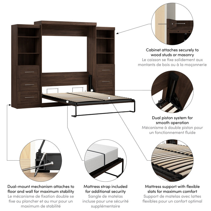 Grand lit escamotable Pur de Bestar de 115 po avec 2 meubles à tablettes et tiroirs - noyer noir