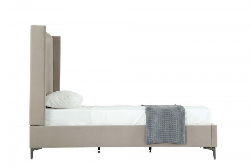 Lit jumeau Promenade de style mi-siecle moderne en velours capitonne, finition taupe rustique
