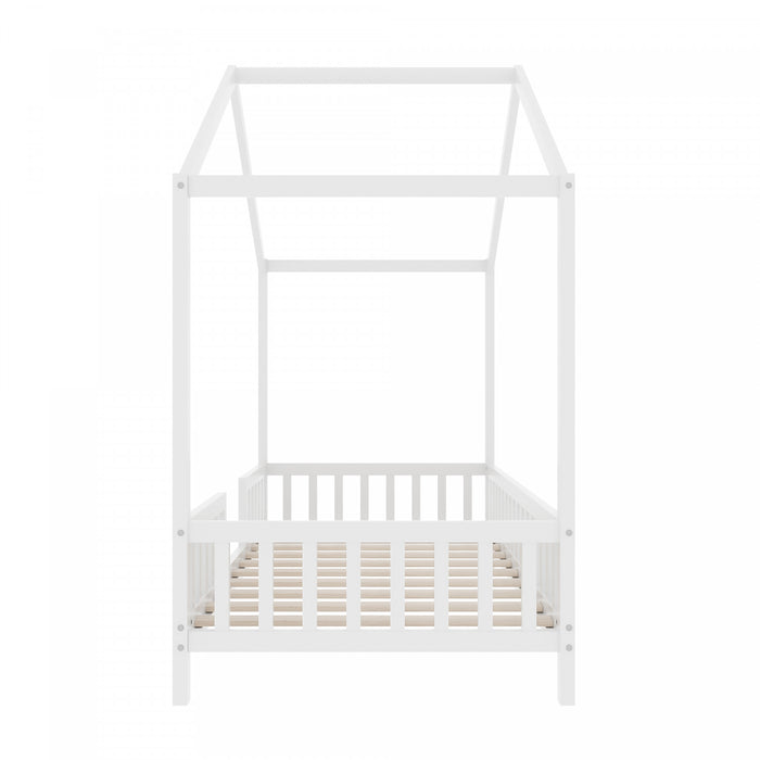 Paul Lit Montessori au sol avec baldaquin et barrieres hautes, Taille Simple, Blanc