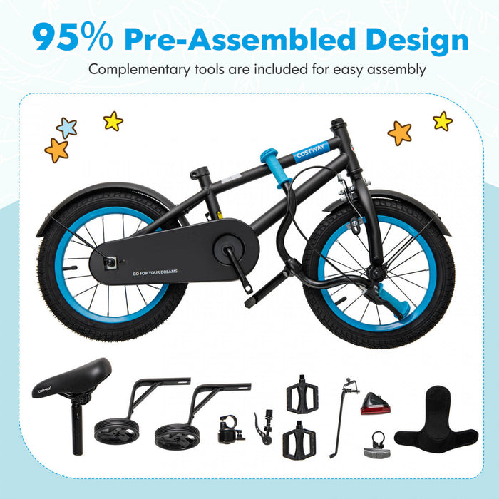 Costway 18\" Velo Pour Enfants Avec Guidon De Selle Reglable Roues D'entrainement Amovibles Frein A Main Noir