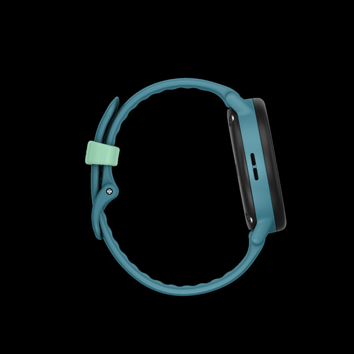 Montre intelligente Garmin Bounce 2 Turquoise pour enfants - Suivi d'activite, communication bidirectionnelle, mises a jour meteo, alarmes chronometre, fonction d'assistance, defis familiaux