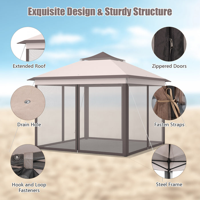 Costway 11’x11’ 2-tier Pop-up Tente Gazebo Abri A Canopy Portatif Sac De Transport Mesh Beige