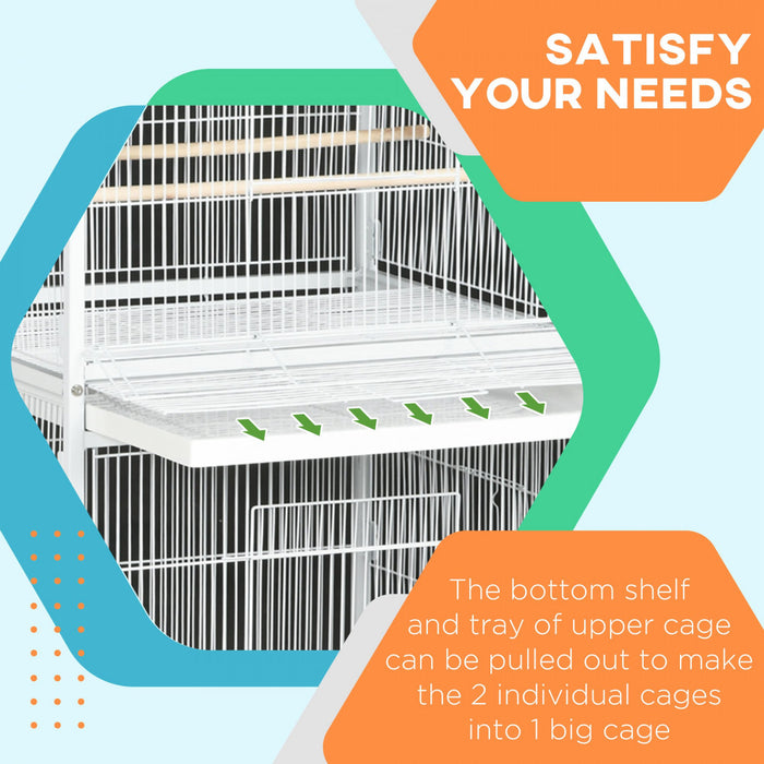 Pawhut Mangeoire Cage A Oiseaux En Metal Forge Avec Support Roulant Perchoirs Contenants Alimentaires Portes Roues 67\" H, Blanc