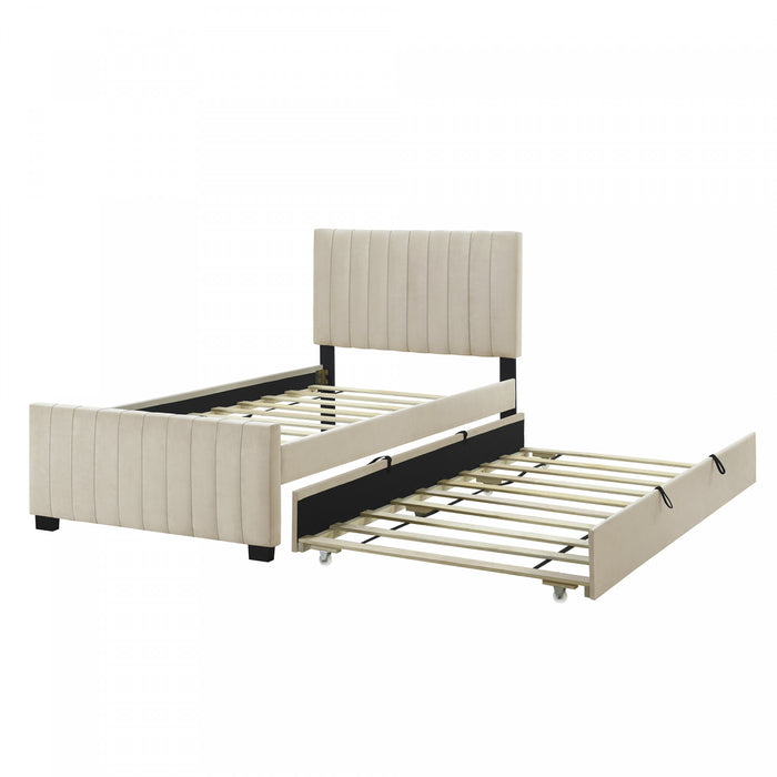 Lit plateforme Ethan rembourre en velours, gain de place, avec tiroir gigogne, taille simple, beige