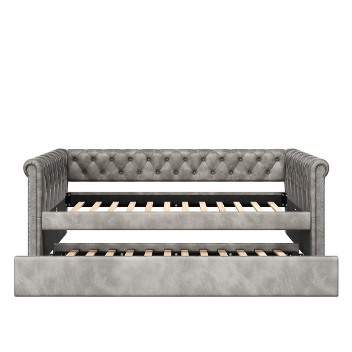 Le Daybed Sophia avec design capitonne, revetement en tissu, lit d'appoint avec trundle et dossier confortable, couleur grise