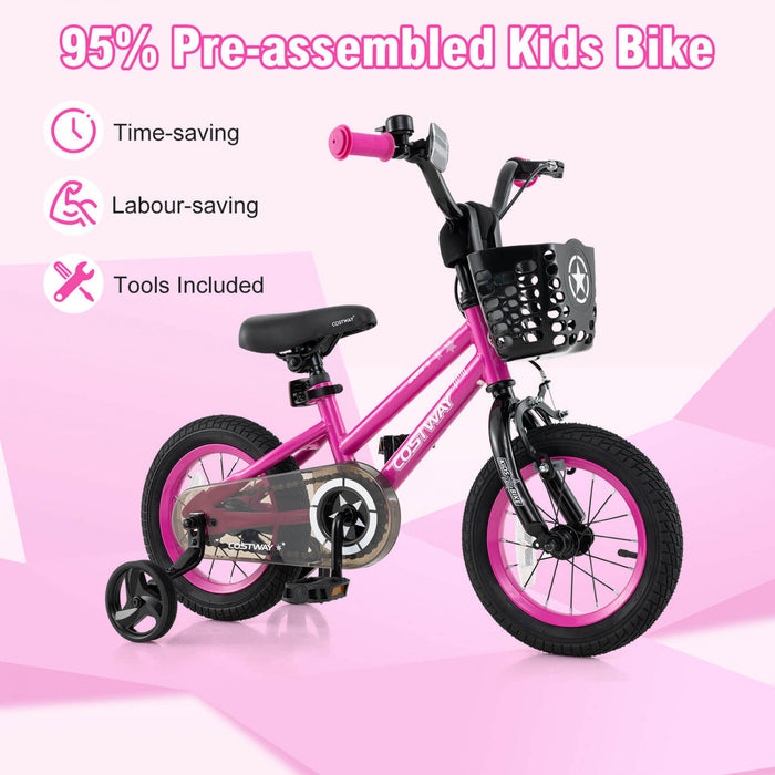Costway 12\" Velo Pour Enfants Avec Roues D'entrainement Guidon Reglable Et Frein A Main De Siege Rose