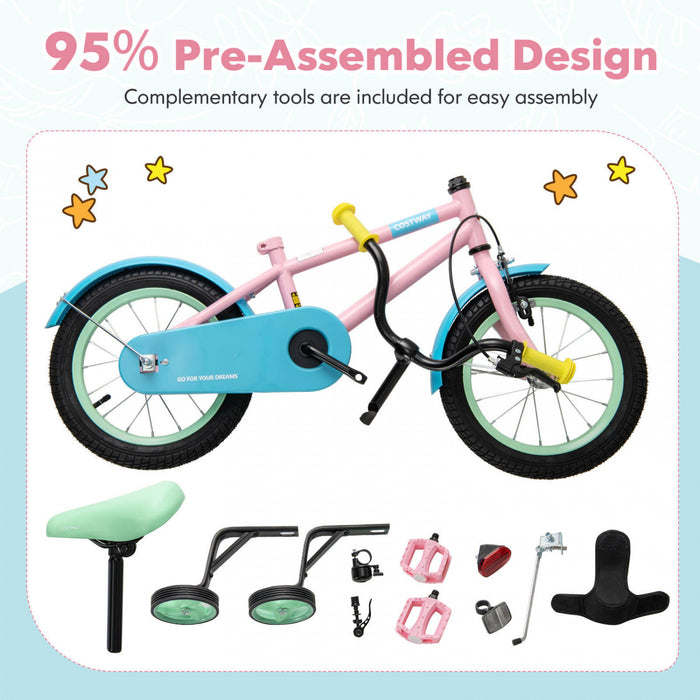 Costway 18\" Velo Pour Enfants Avec Guidon De Selle Reglable Roues D'entrainement Amovibles Frein A Main Rose