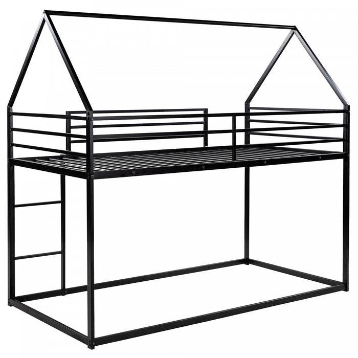 Lits superposes Liam en forme de maison avec echelle integree et cadre en metal, taille Twin sur Twin, noir