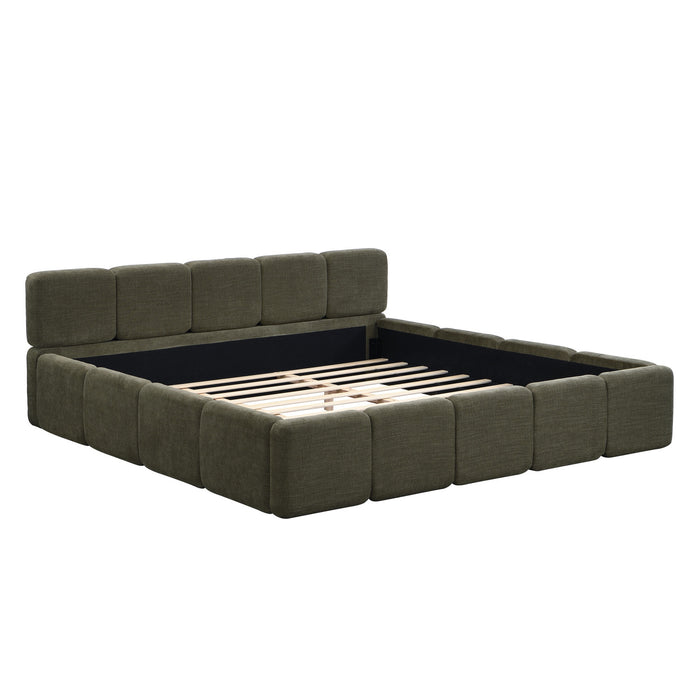 Lit plateforme Toby en tissu lin avec tete et pied de lit epaissis, taille king, vert