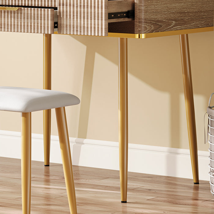 Isabella Ensemble de coiffeuse 4 tiroirs avec miroir LED et pieds en metal, Brun Jaune