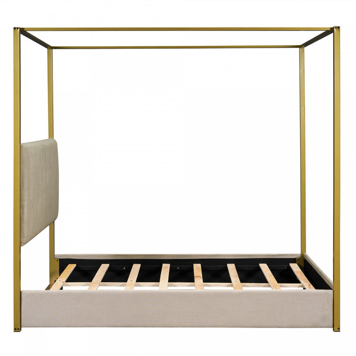 Lit plateforme Sophia a baldaquin avec tete de lit en mousse et velours, taille queen, beige