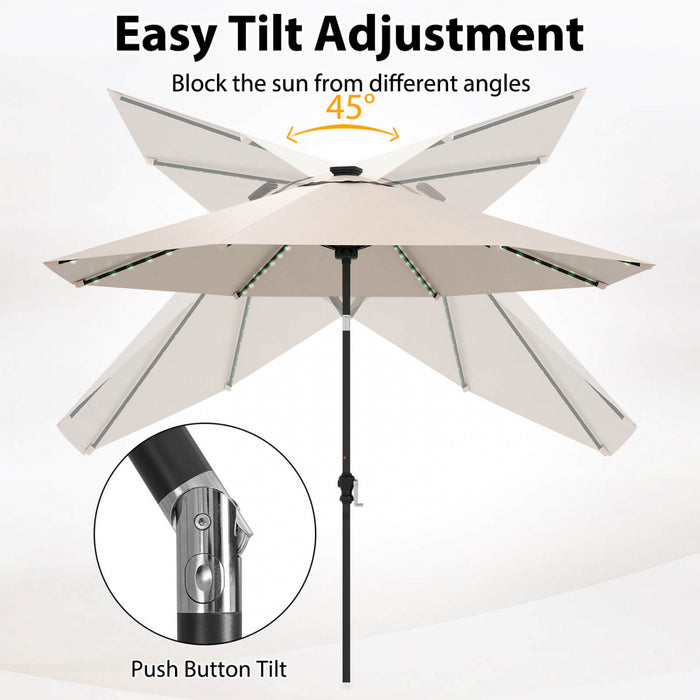 Parasol solaire Costway 10 FT avec 96 LED, inclinaison reglable a 35°, haut ventile, beige