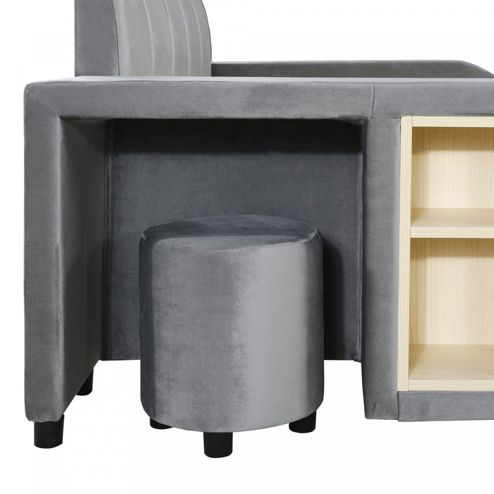 Lit Lily en velours rembourre avec bureau et tabouret, taille Full, gris