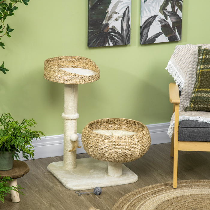 Pawhut Arbre A Chat De 28\" Avec Griffoir En Sisal Pour Chatons D'interieur, Arbre A Chat Moderne Avec Joli Design De Panier, Petit Arbre A Chat Avec Balle Amusante