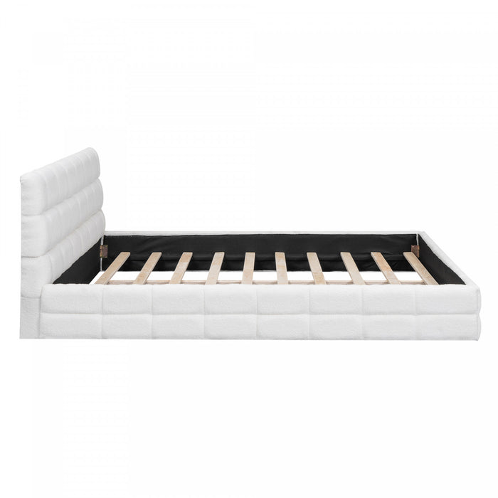 Lit plateforme moderne Emma rembourre avec structure en bois massif confortable, taille queen, blanc