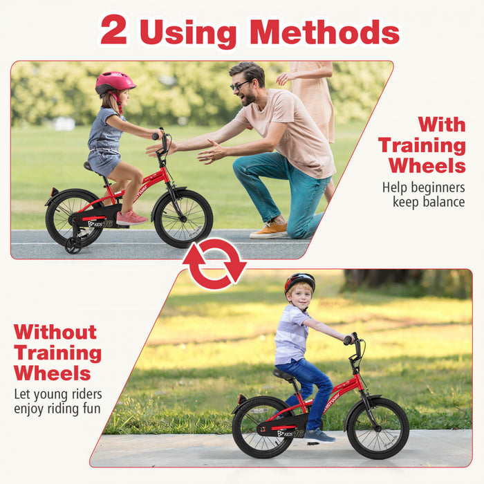 Velo Costway 16\" Pour Enfants Pour Garcons Et Filles De 4 A 7 Ans Avec Reflecteurs Reglables De Frein A Main De Siege Rouge