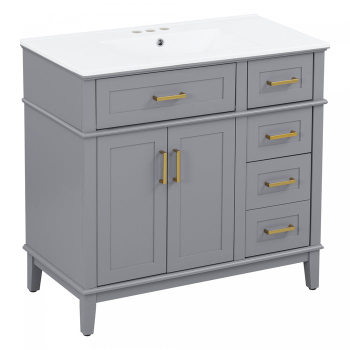 Ethan Meuble-lavabo de salle de bain en bois massif avec lavabo en ceramique et rangement intelligent, gris
