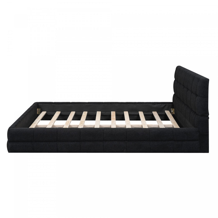 Lit plateforme moderne Emma rembourre avec structure en bois massif confortable, taille queen, noir