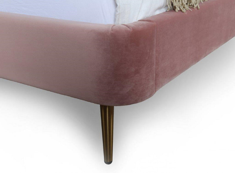 Lit Queen Heather style milieu du siecle moderne, rembourre en velours rose poudre et or