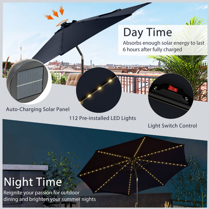 Costway Parasol de table de patio 10 FT avec 112 LED solaire, inclinaison avec manivelle, exterieur marine