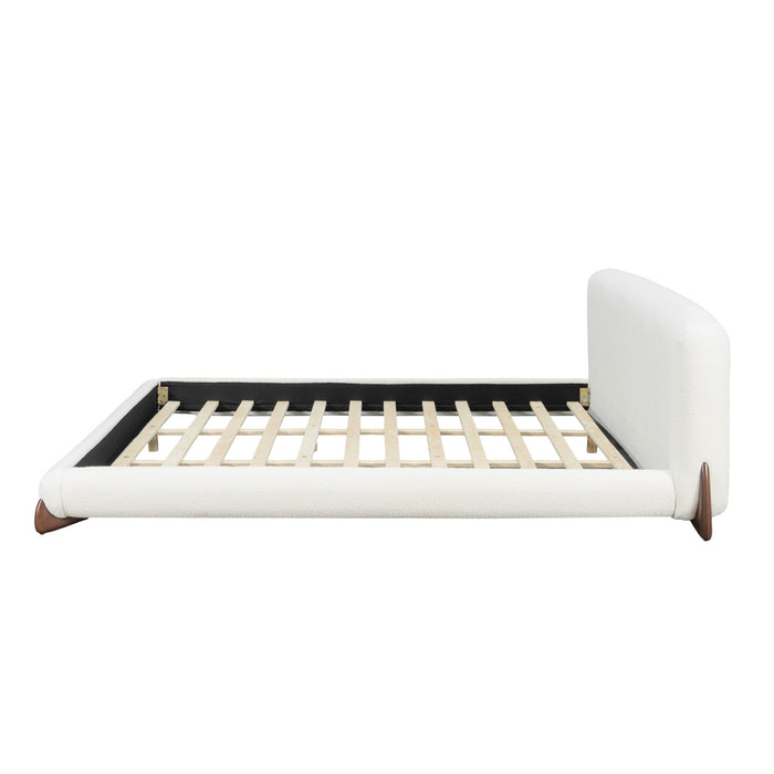 Cadre de lit plateforme Emma a profil bas avec tete de lit courbee et revetement en boucle, taille queen, blanc creme