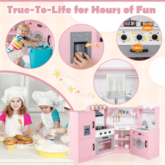 Honeyjou Corner Play Kitchen Baby Kitchen Playset Avec Capuchon De Gamme, Machine A Glace, Micro-ondes Rose