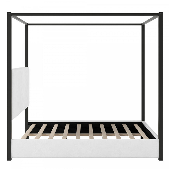Lit plateforme Sophia a baldaquin avec tete de lit en mousse et velours, taille queen, noir