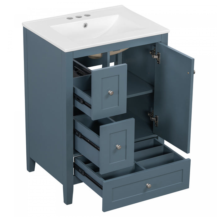 Mia Meuble-lavabo de 24\" avec vasque en ceramique et rangement a plusieurs tiroirs, Bleu Gris