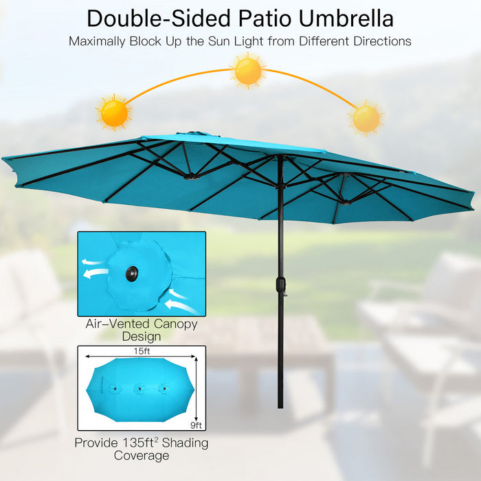 Costway Parasol double face 15FT a manivelle avec base pour marche exterieur Turquoise