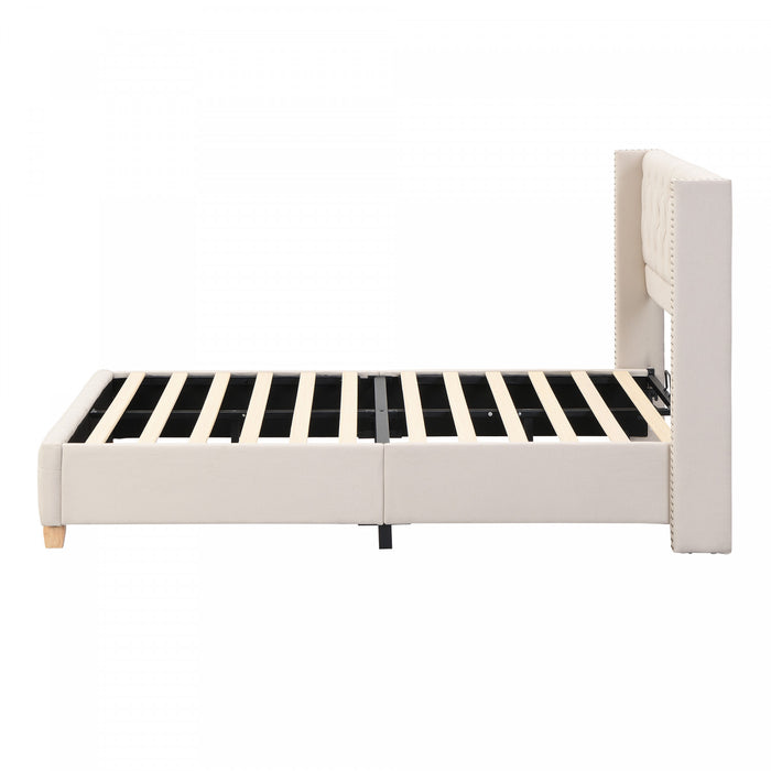 Lit plateforme en lin Haley avec tete de lit a ailes classiques et capitonnage en diamant, taille King, beige