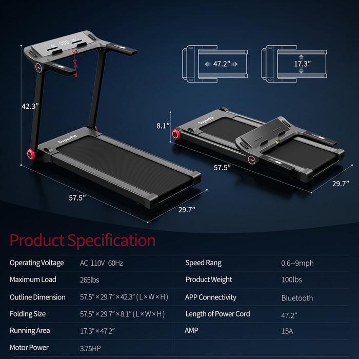 Tapis De Course Electrique Pliant Superfit 3,54 Cv Avec Application Bluetooth
